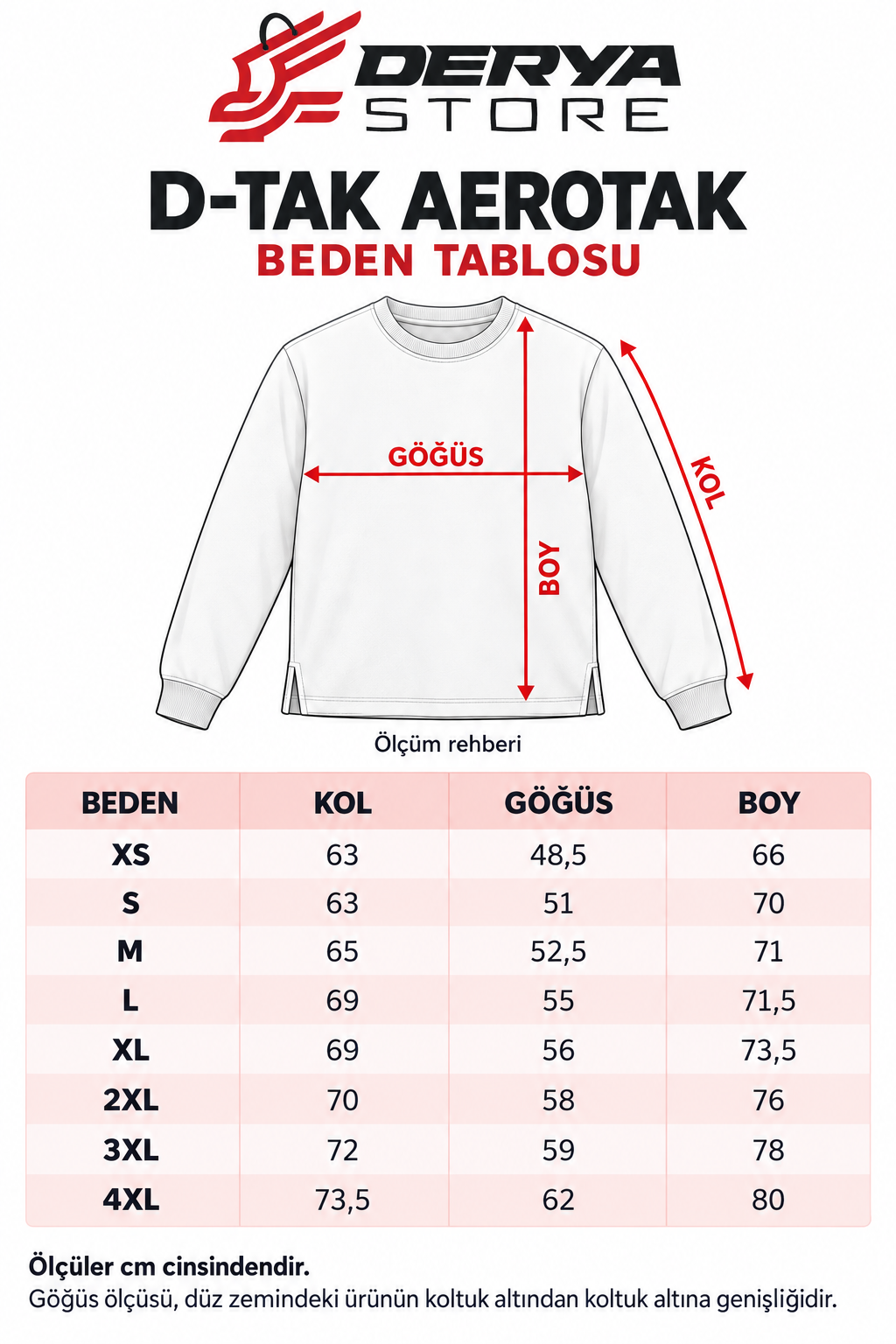 D-TAK Aerotak sweatshirt beden tablosu; kol, göğüs ve boy ölçüleri XS ile 4XL arasında